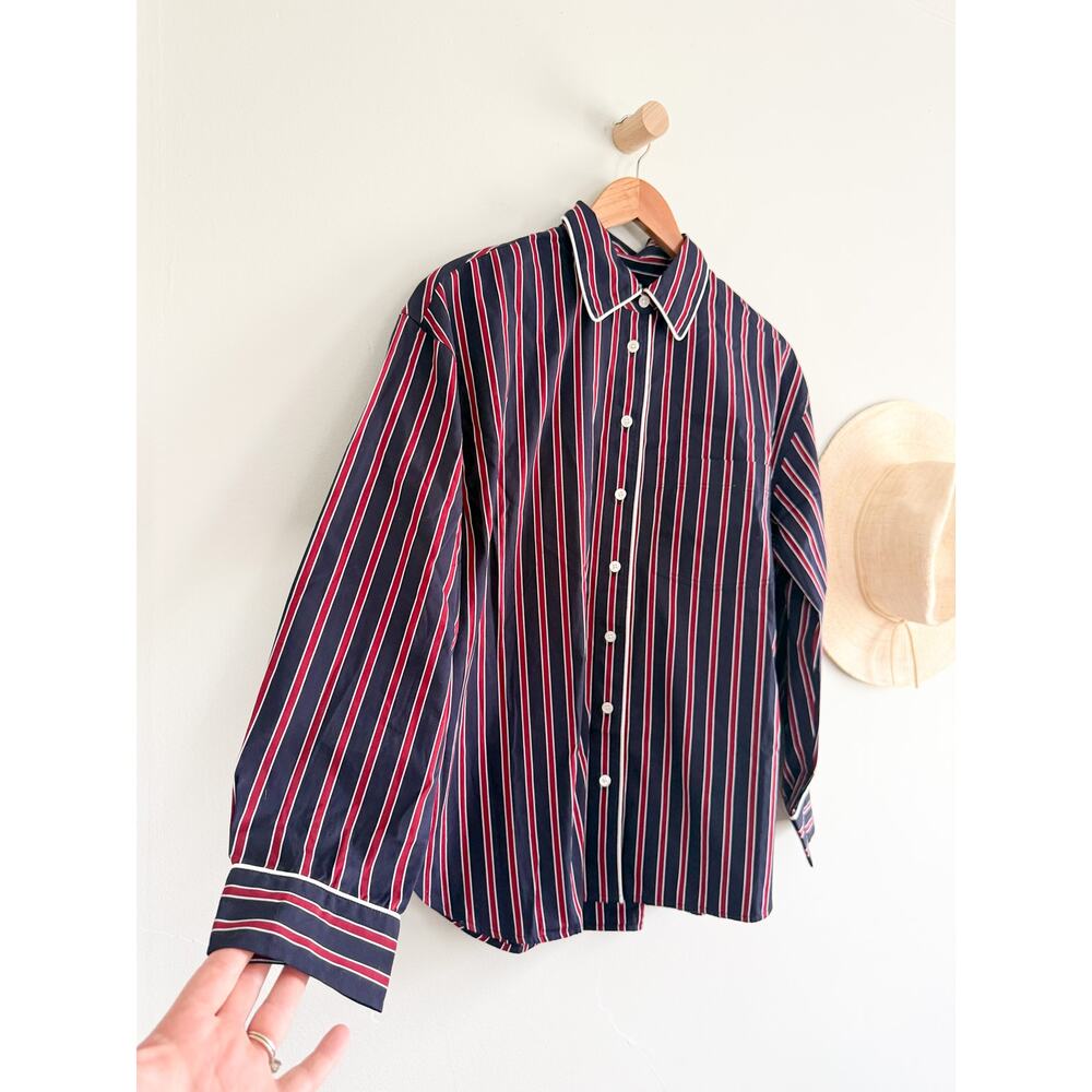 Madewell | NWT Striped Button Up Shirt Red Navy Poplin Relaxed | Sz XL - Picture 3 of 10